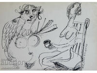 Ink drawing abstract figurative composition 1992