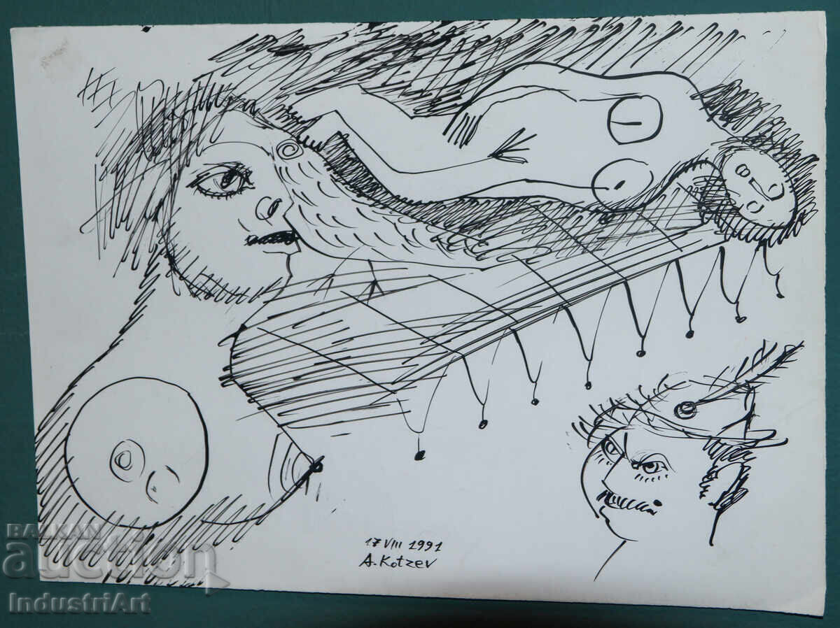 Auction Ink drawing abstract figurative composition 1991 Auction Ink drawing abstract figurative composition 1991