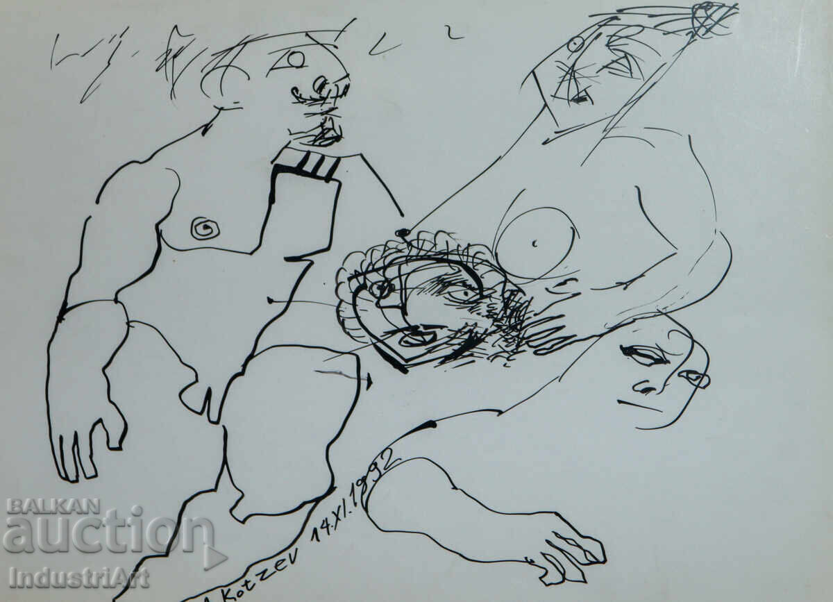 Auction  Ink drawing abstract figurative composition 1992