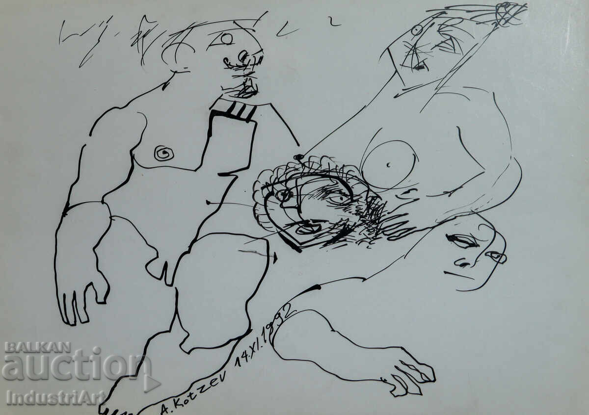 Ink drawing abstract figurative composition 1992