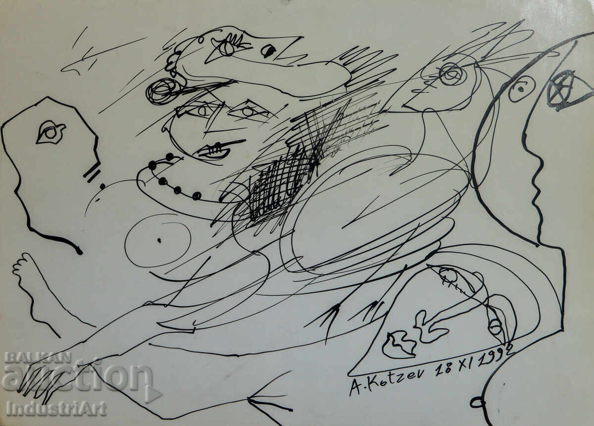 Auction  Ink drawing abstract figurative composition 1992