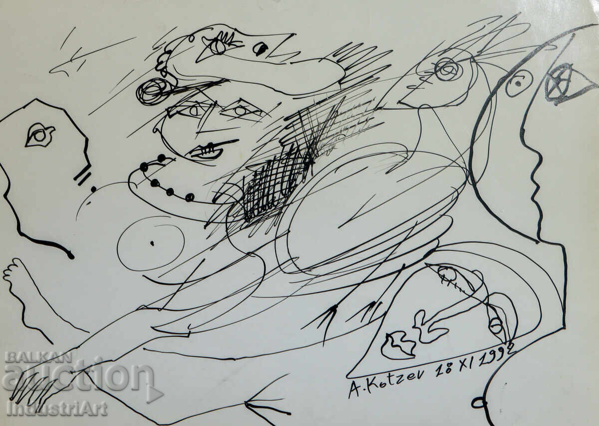 Ink drawing abstract figurative composition 1992