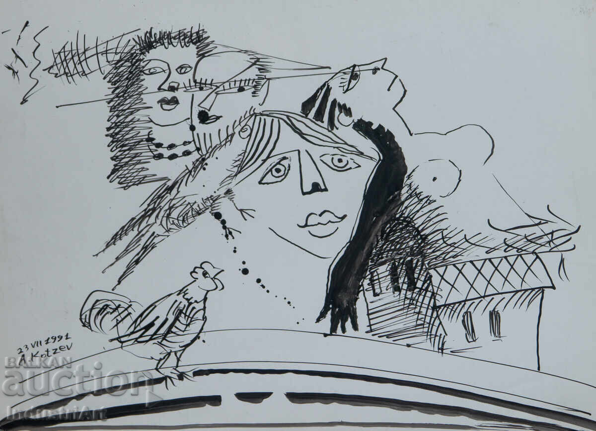 Аукцион Рисунка туш абстрактна фигурална композиция 1991г.