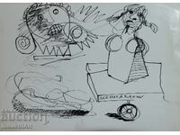 Desen tuș compoziție figurativă abstractă 1992