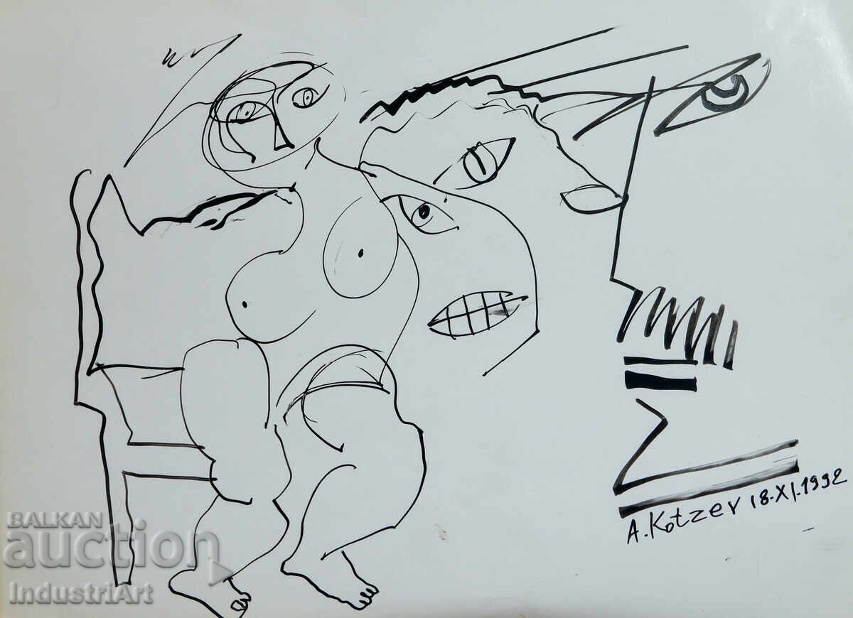 Auction  Ink drawing abstract figurative composition body 1992