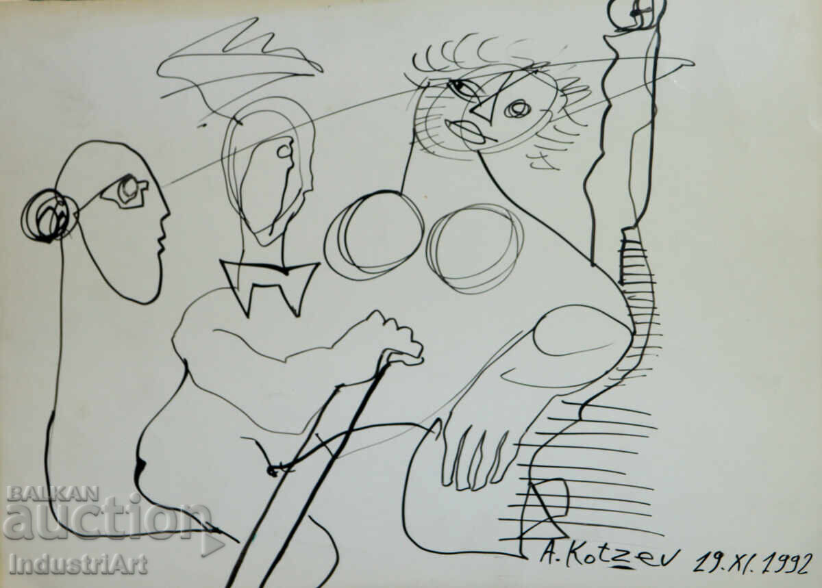 Licitație Desen tuș compoziție figurativă abstractă 1992