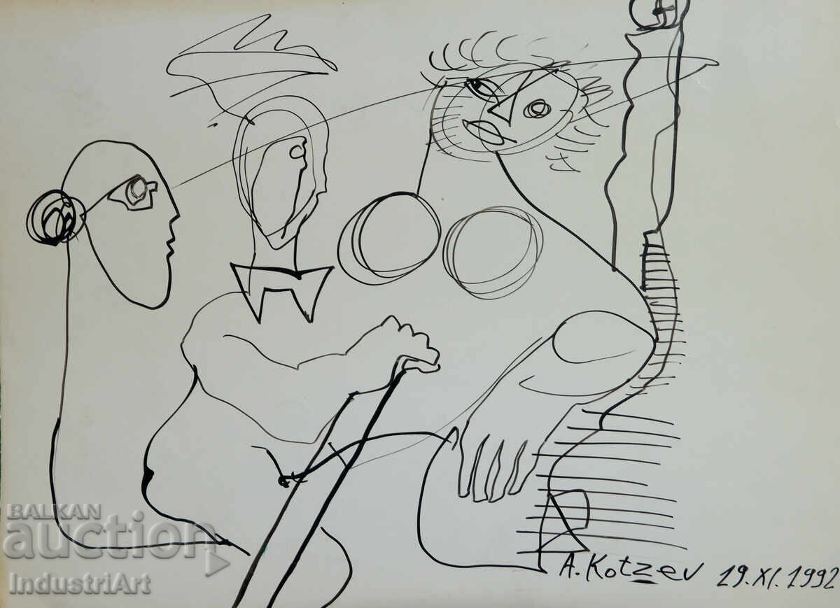 Desen tuș compoziție figurativă abstractă 1992