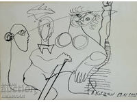 Desen tuș compoziție figurativă abstractă 1992