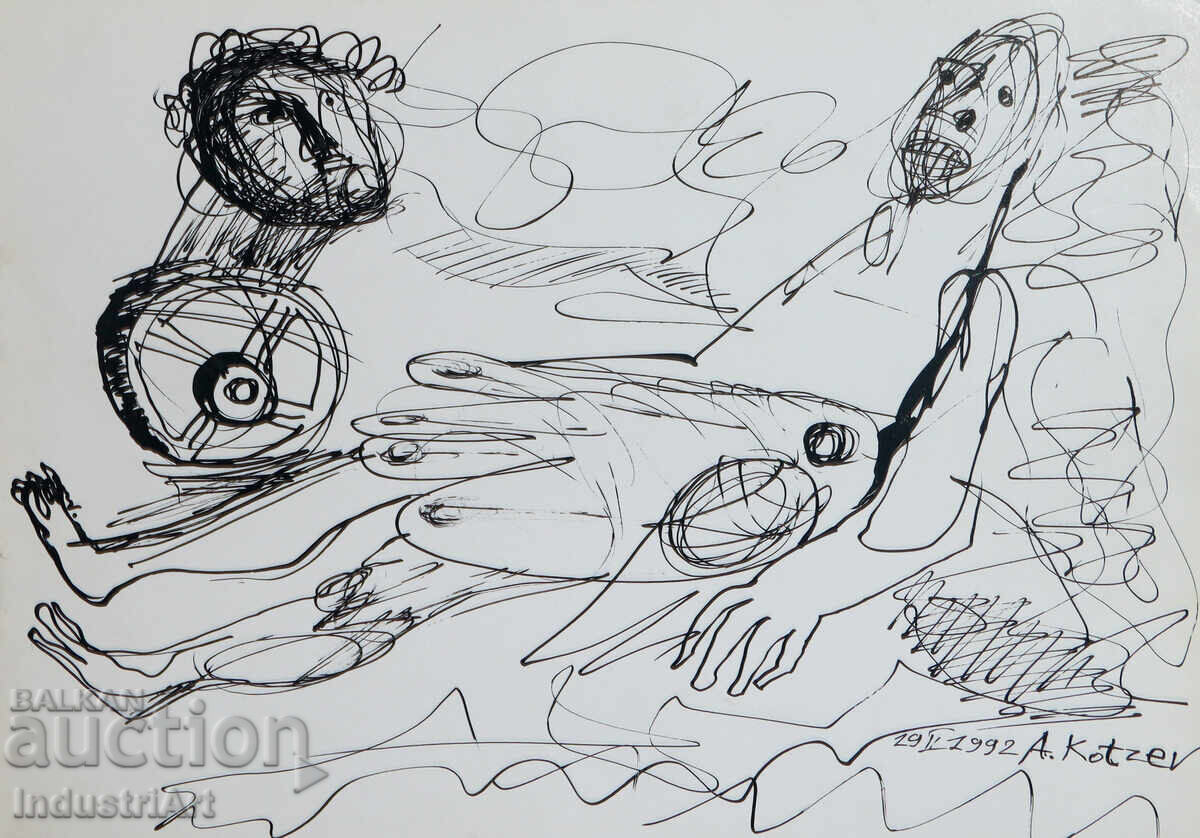 Ink drawing abstract figurative composition 1992