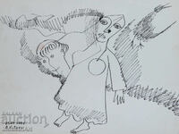 Desen tuș compoziție figurativă abstractă 1991