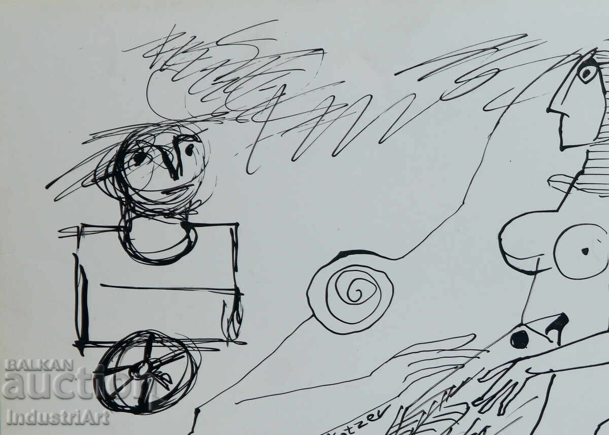 Auction  Ink drawing abstract figurative composition 1992