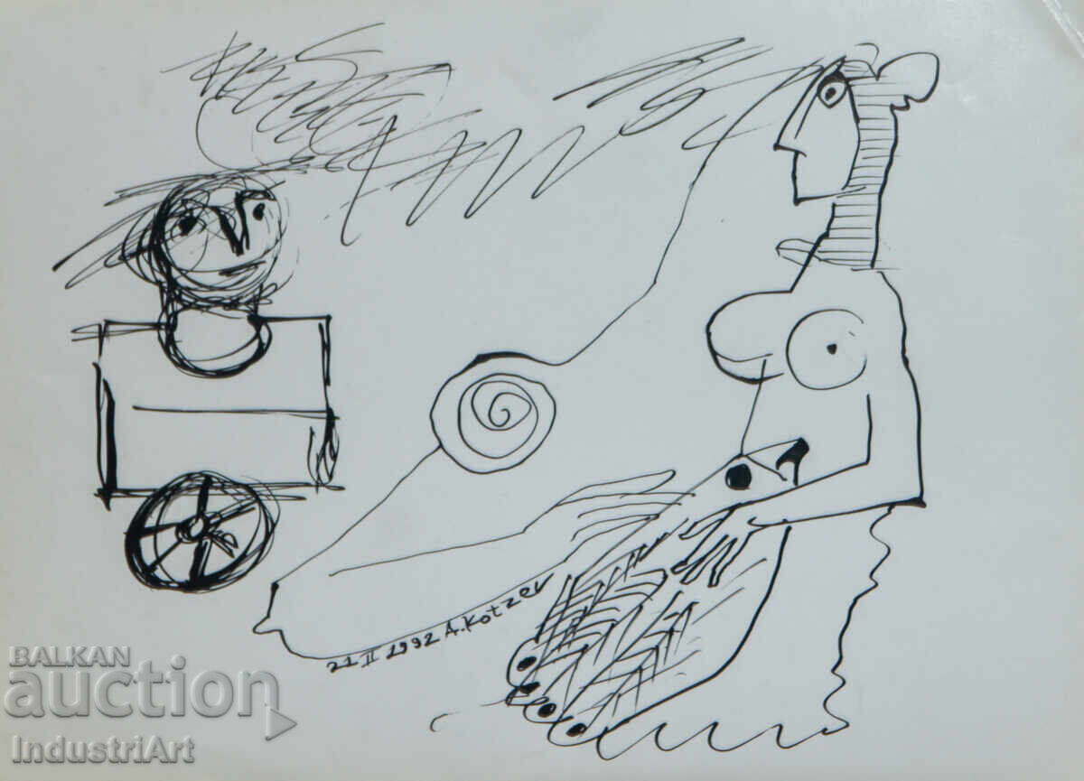 Ink drawing abstract figurative composition 1992