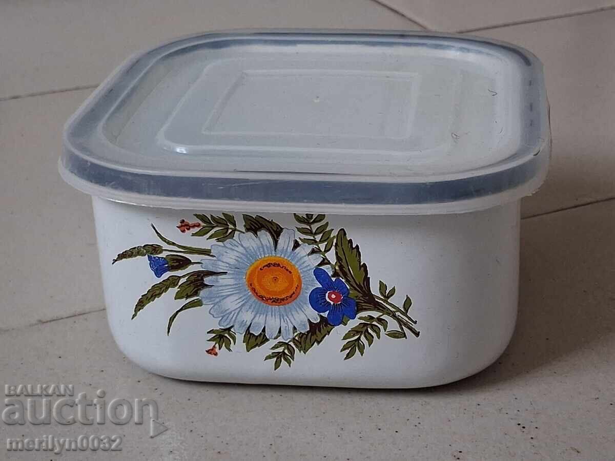 Παλιό σμάλτο κουτί τροφίμων, εμαγιέ πιάτο, κανάτα