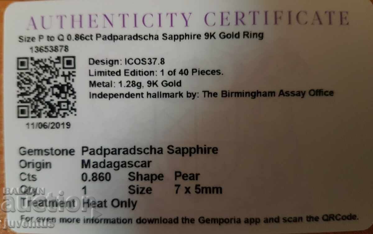 Delivery of GOLD RING WITH PADPARADSCHA SAPPHIRE (MADAGASCAR) CERTIFICATE