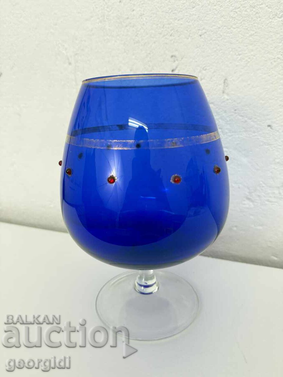 Large cobalt glass water/wine goblet with stones with price 11.00 BGN | € 5.62 Large cobalt glass water/wine goblet with stones with price 11.00 BGN | € 5.62