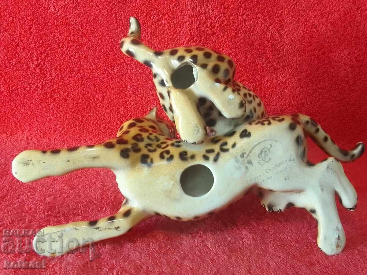Παλιά πορσελάνινη φιγούρα Δύο λεοπαρδάλεις που παλεύουν Ιταλία - 6