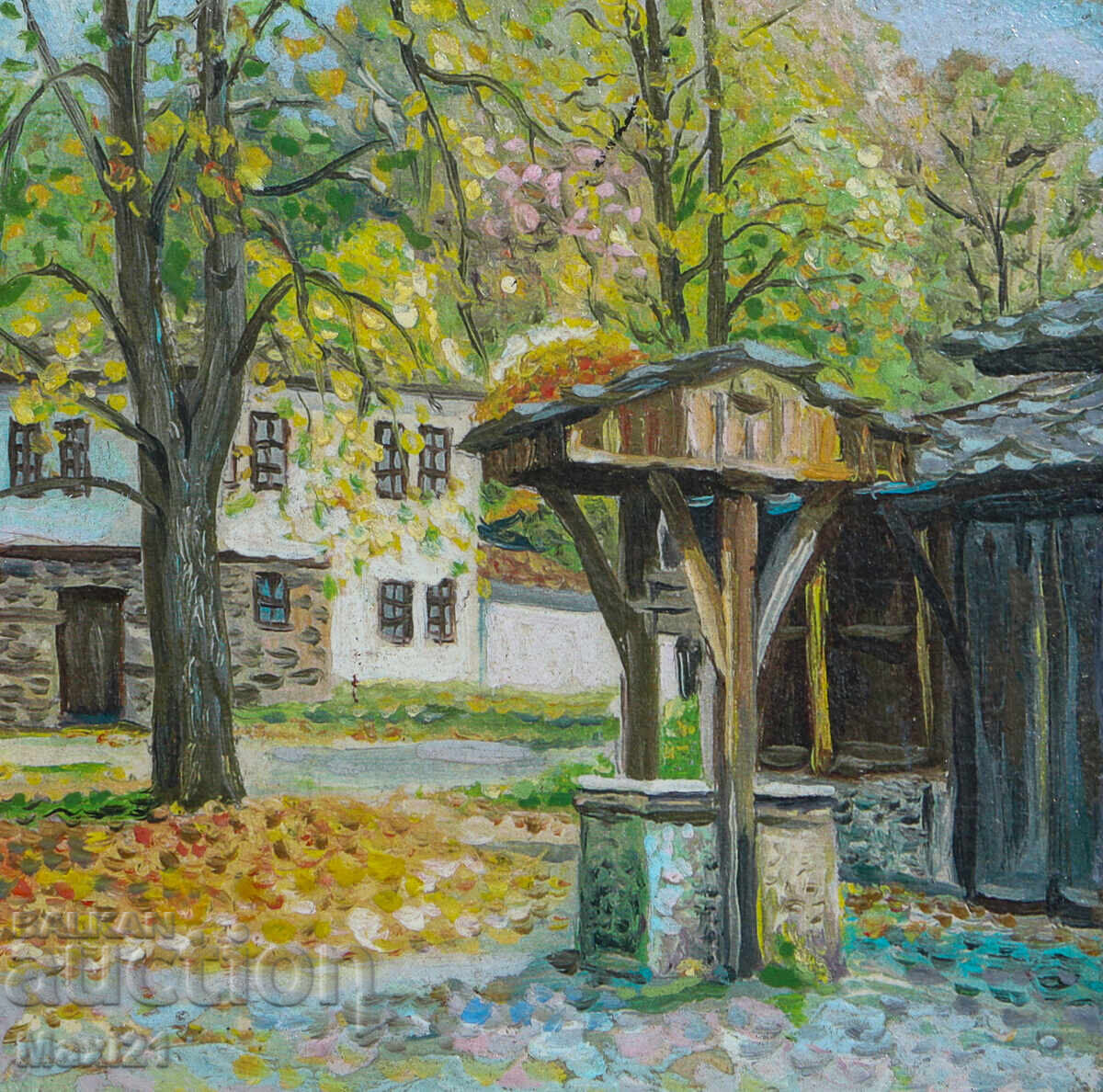 Oil painting, rural yard landscape