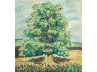 Pictură în ulei peisaj cu copac singuratic