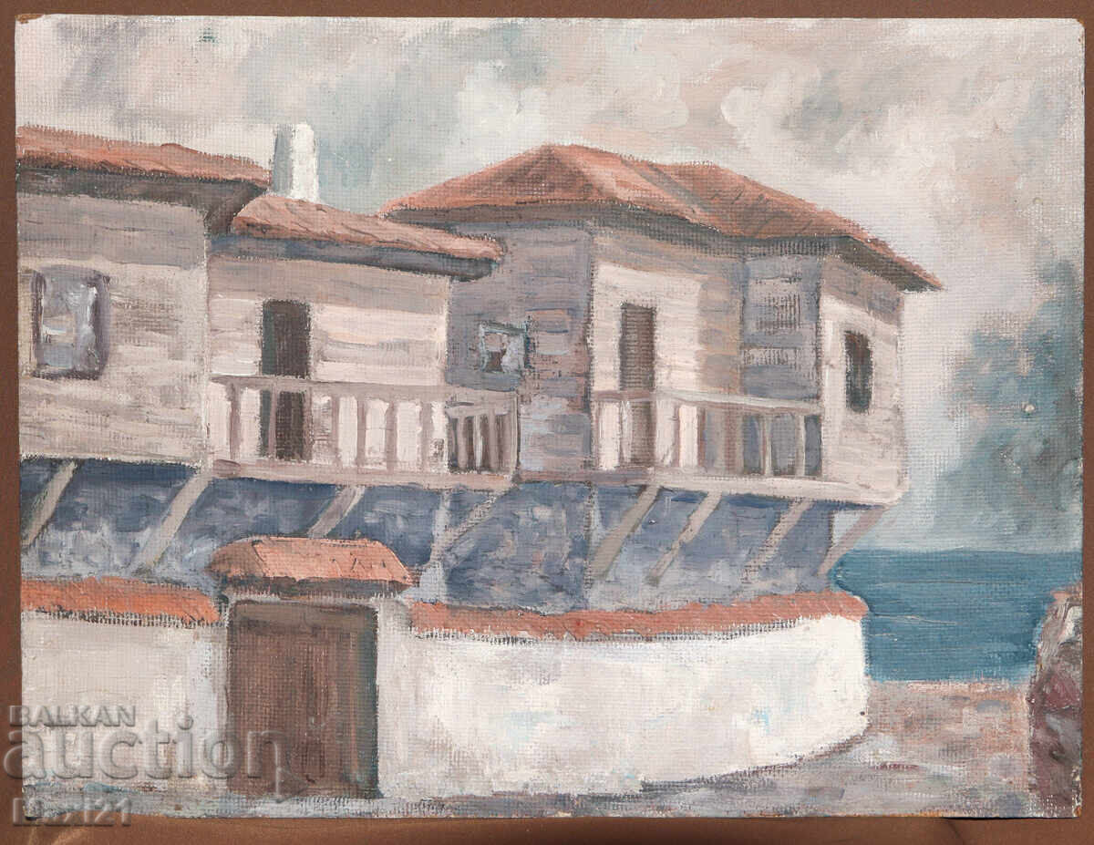 Έργο ζωγραφικής με λάδι, αγροτικό τοπίο, σπίτια με τιμή 250.00 BGN | € 127.82