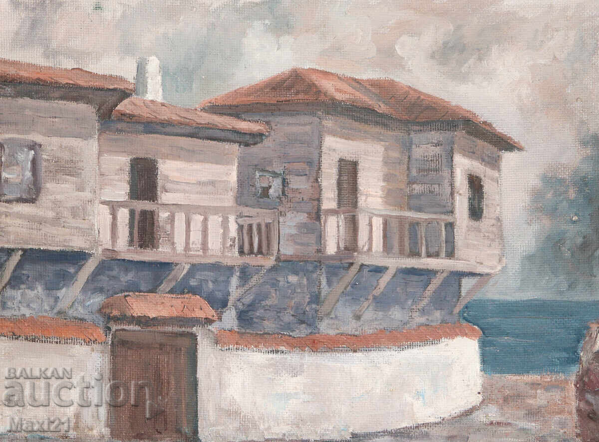 Δημοπρασία Έργο ζωγραφικής με λάδι, αγροτικό τοπίο, σπίτια