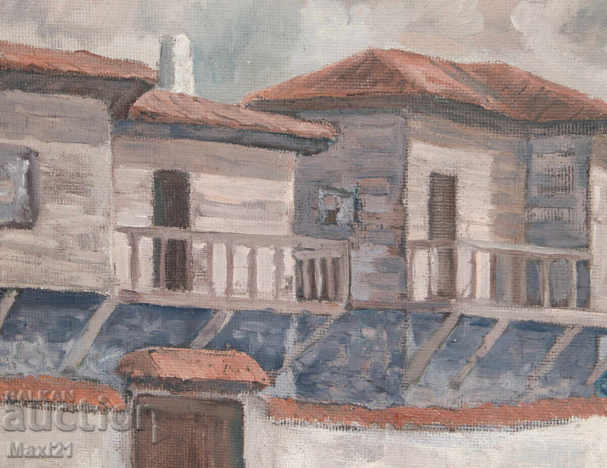 Παράδοση Έργο ζωγραφικής με λάδι, αγροτικό τοπίο, σπίτια