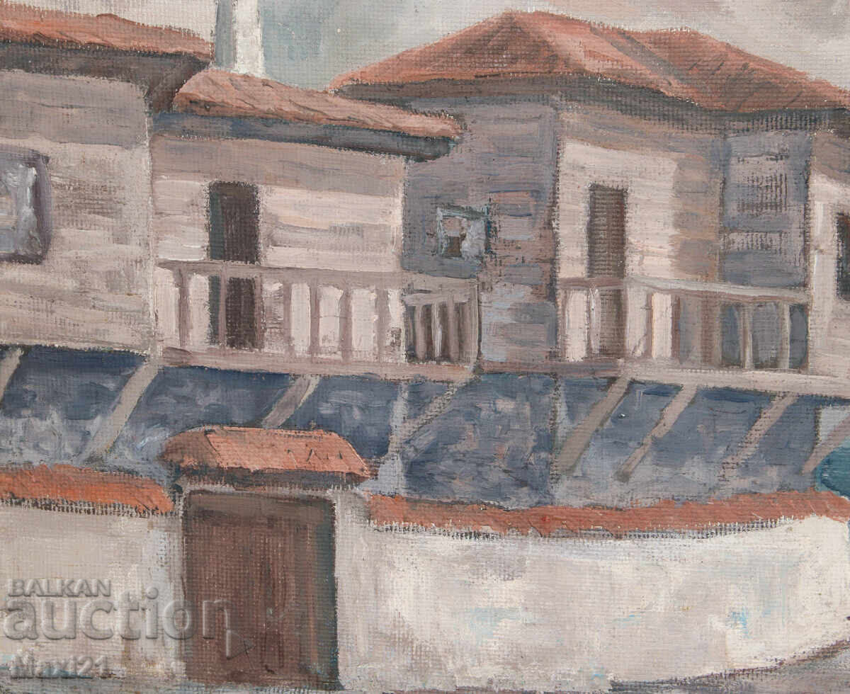 Έργο ζωγραφικής με λάδι, αγροτικό τοπίο, σπίτια - 5