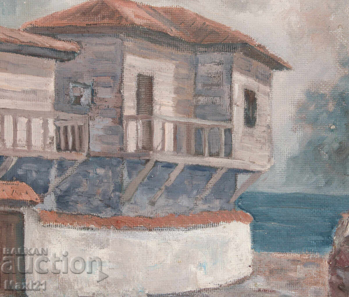 Έργο ζωγραφικής με λάδι, αγροτικό τοπίο, σπίτια - 6