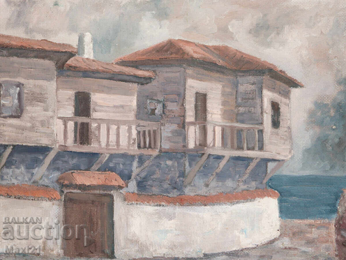 Έργο ζωγραφικής με λάδι, αγροτικό τοπίο, σπίτια