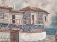 Έργο ζωγραφικής με λάδι, αγροτικό τοπίο, σπίτια