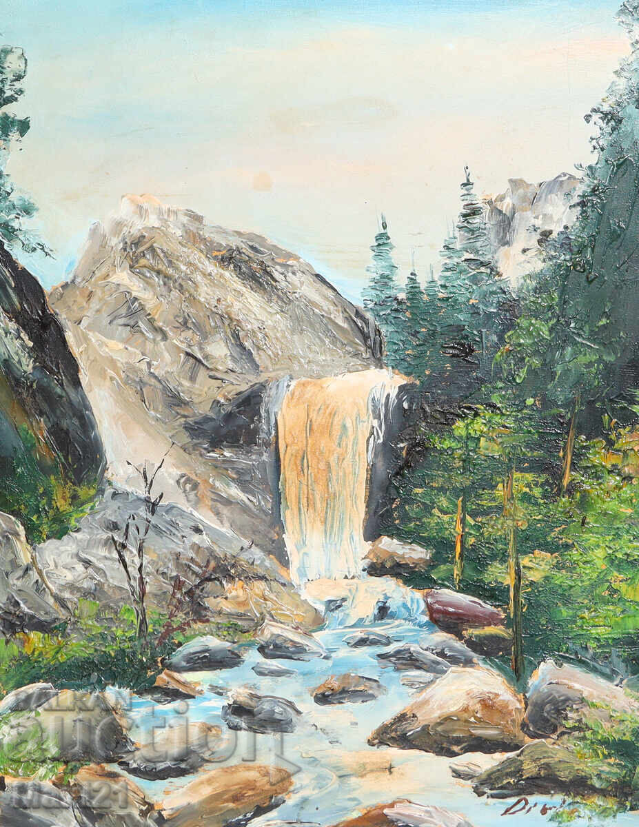 Δημοπρασία Ελαιογραφία δασικού τοπίου με καταρράκτη