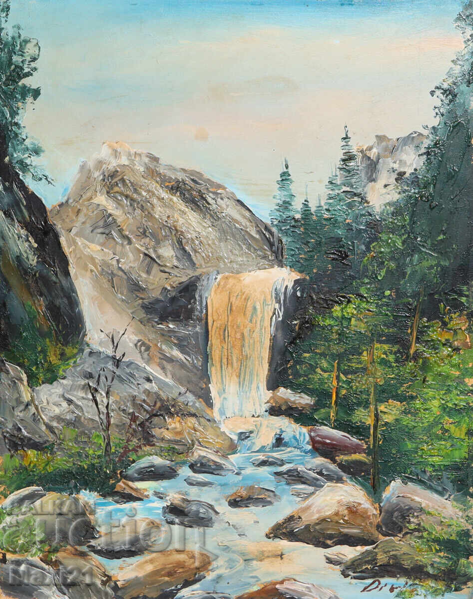 Ελαιογραφία δασικού τοπίου με καταρράκτη