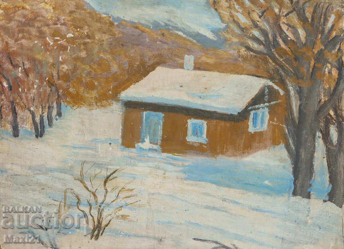 Old oil painting winter landscape