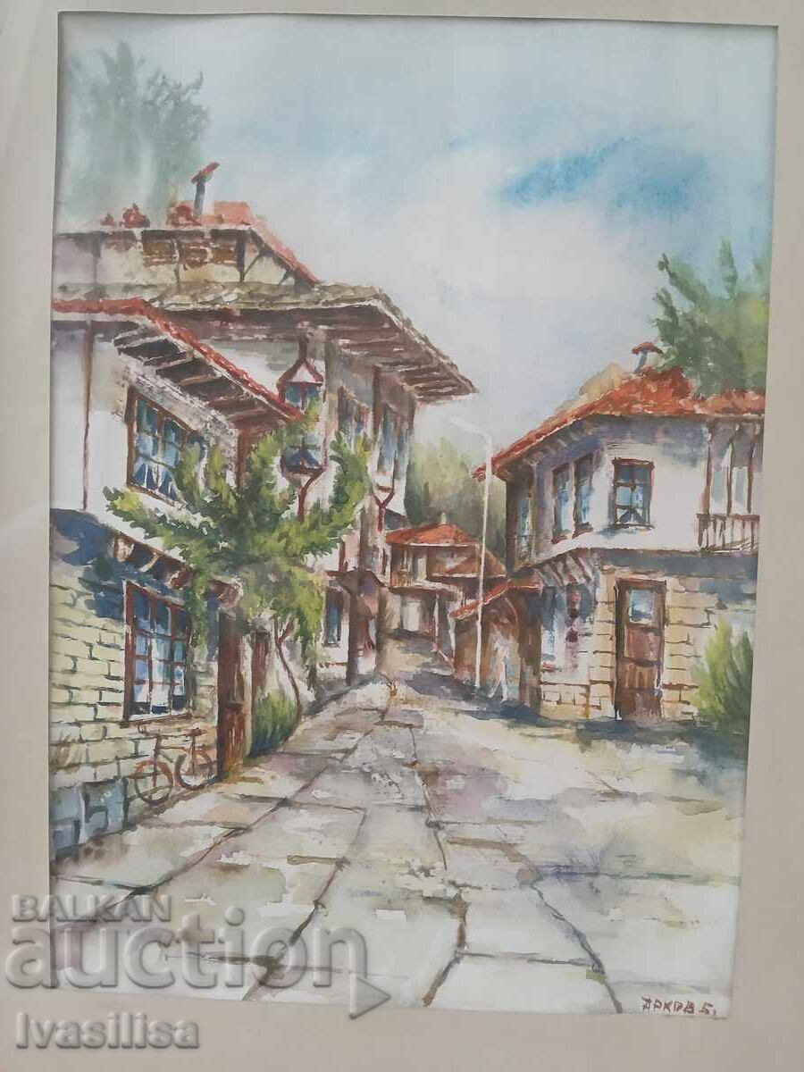 Аукцион Картина български възрожденски къщи.