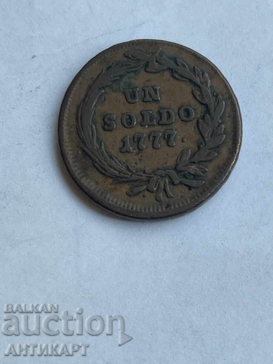 Line of copper coin Austria 1 soldo 1777 M. Theresia