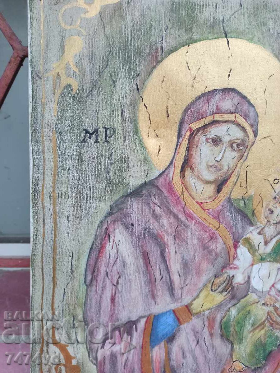 ICON - VIRGIN MARY WITH CHILD, OIL, SIGNED - 5 ICON - VIRGIN MARY WITH CHILD, OIL, SIGNED - 5