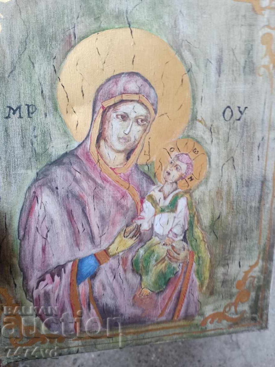ICON - VIRGIN MARY WITH CHILD, OIL, SIGNED - 6 ICON - VIRGIN MARY WITH CHILD, OIL, SIGNED - 6
