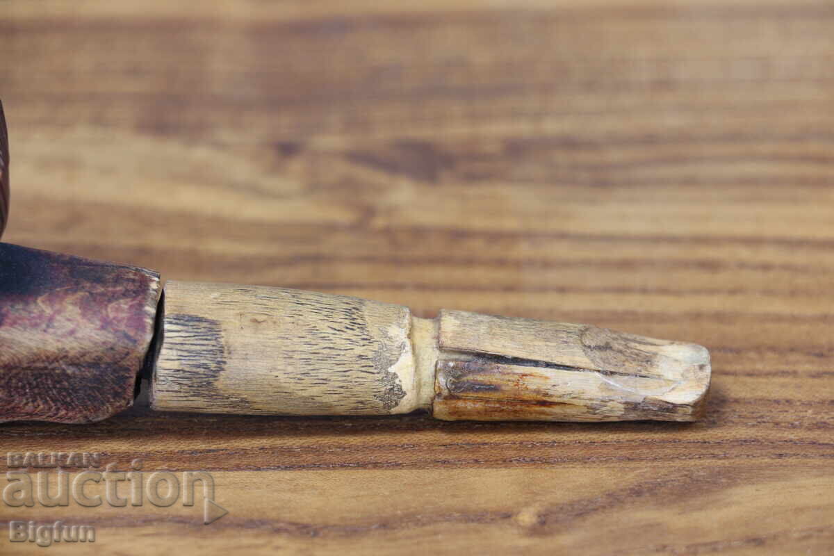 Strange Old Wooden Pipe with Indian Motif - 6