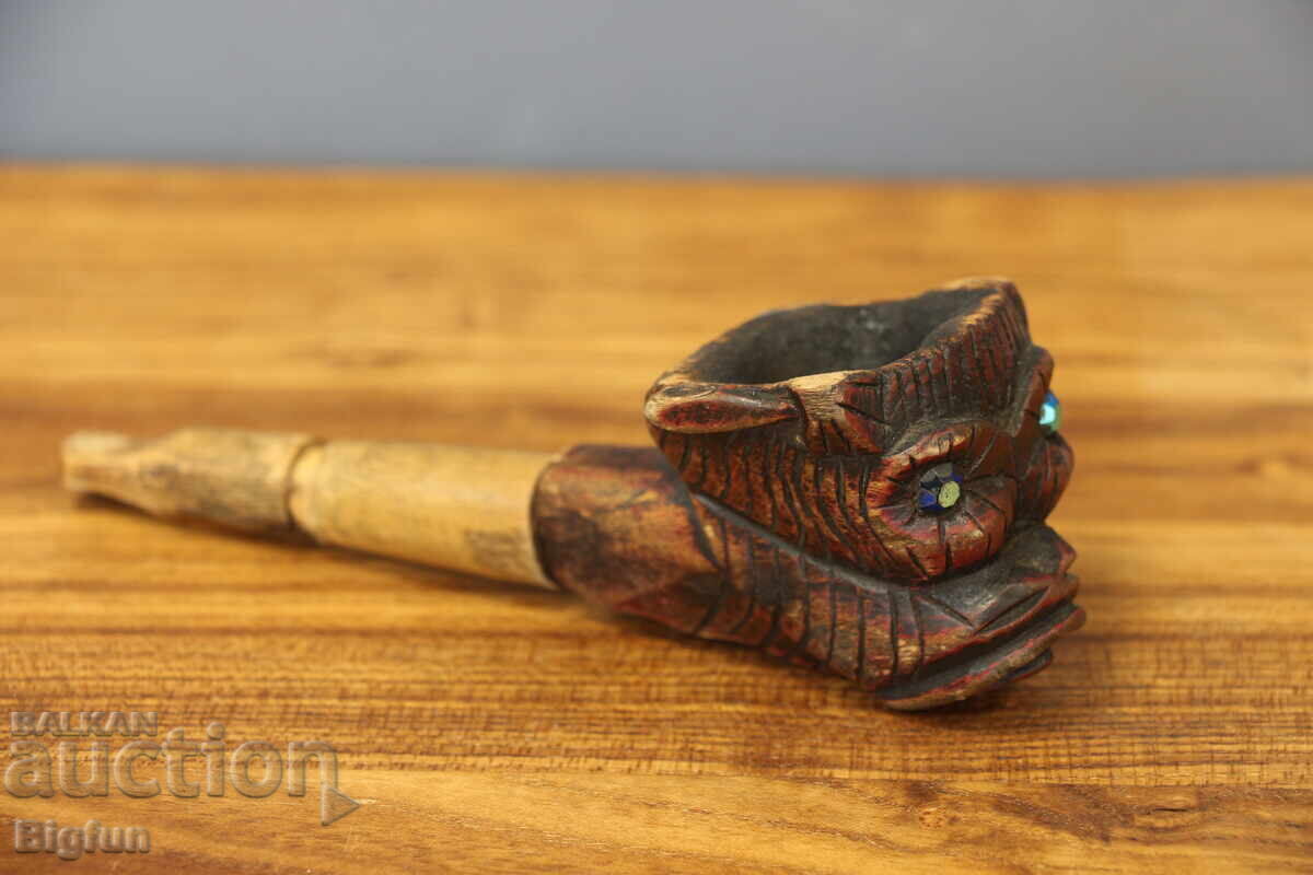Strange Old Wooden Pipe with Indian Motif