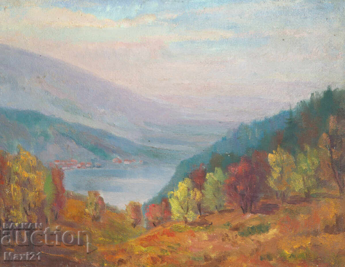 Licitație Tablou ulei pe pânză peisaj montan lac Licitație Tablou ulei pe pânză peisaj montan lac