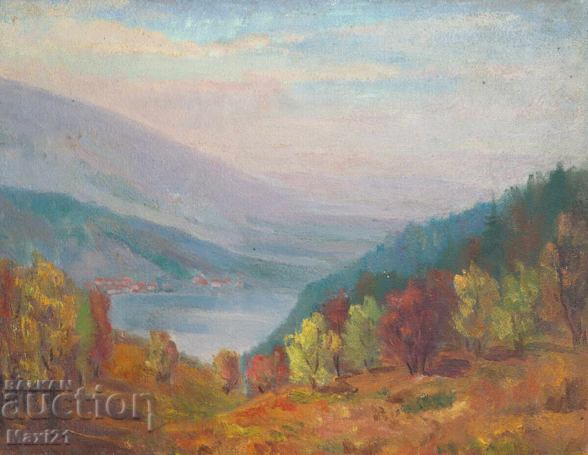 Tablou ulei pe pânză peisaj montan lac Tablou ulei pe pânză peisaj montan lac