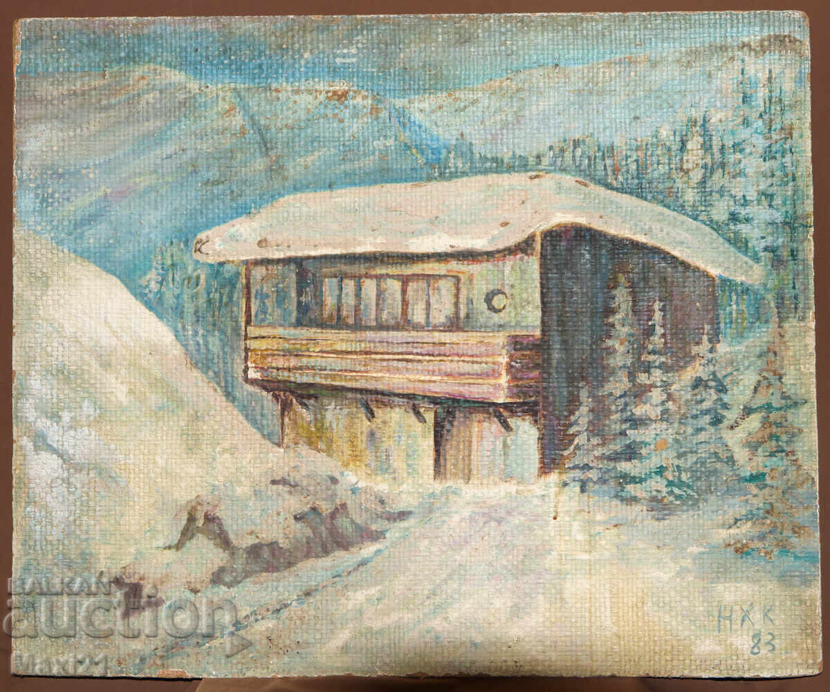Oil painting winter landscape mountain hut 83g with price 350.00 BGN | € 178.95