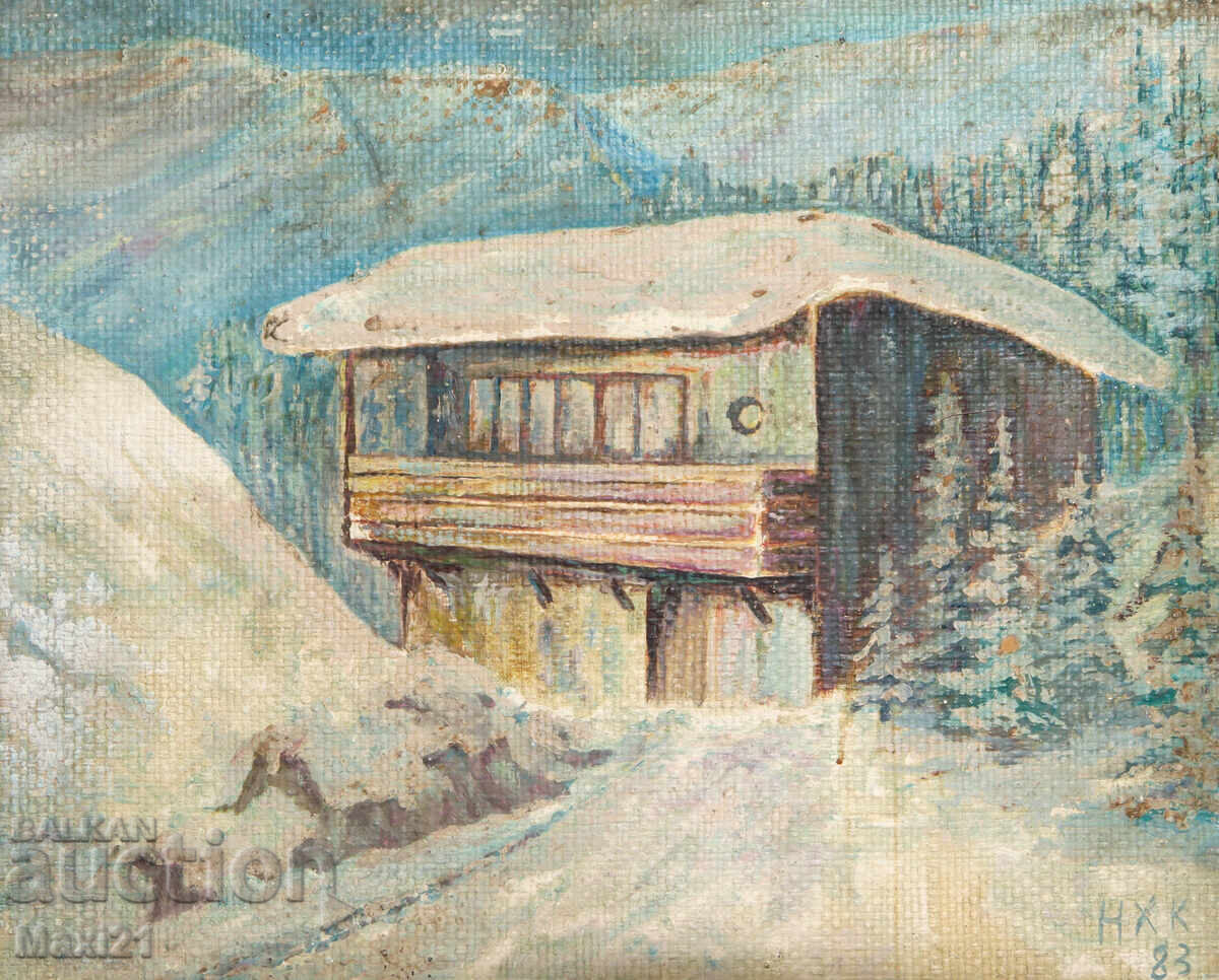Auction  Oil painting winter landscape mountain hut 83g