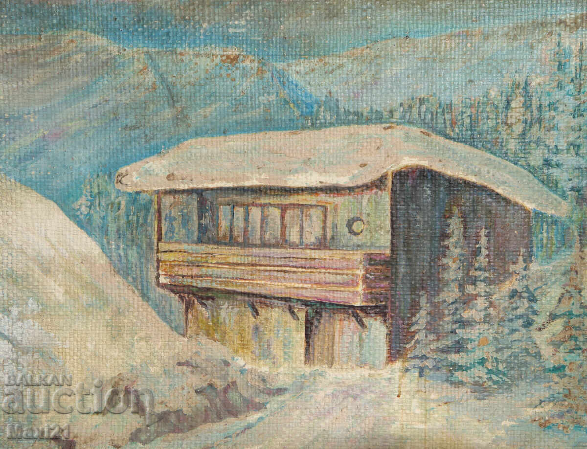 Oil painting winter landscape mountain hut 83g - 5