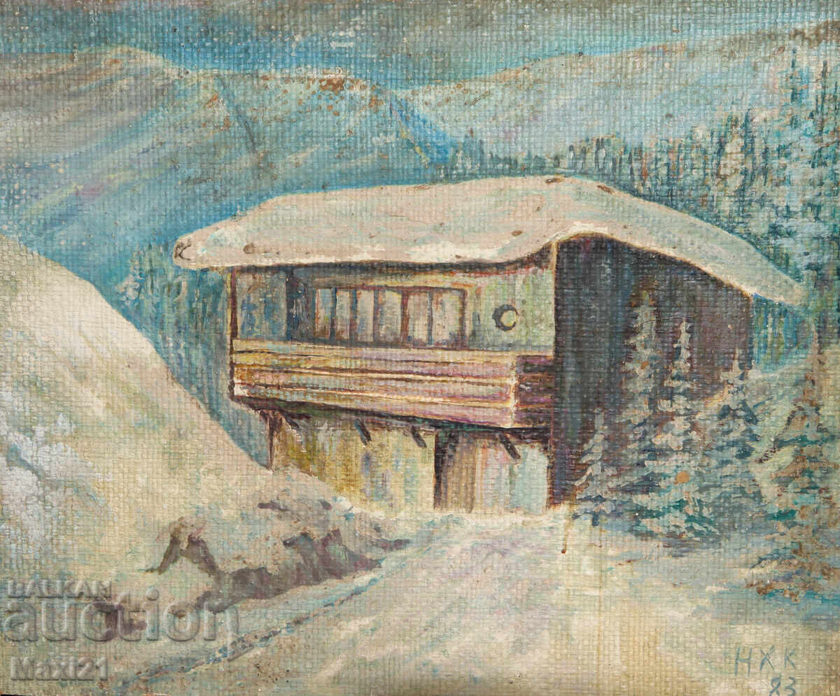 Oil painting winter landscape mountain hut 83g