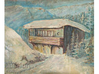 Tablou ulei pe pânză peisaj de iarnă cabană la munte 83g