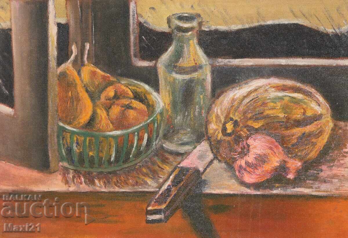 Delivery of Oil painting still life with fruit, knife and bottle