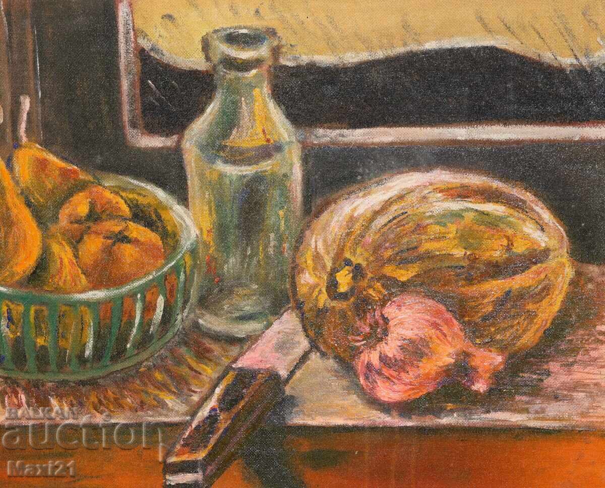Oil painting still life with fruit, knife and bottle - 6