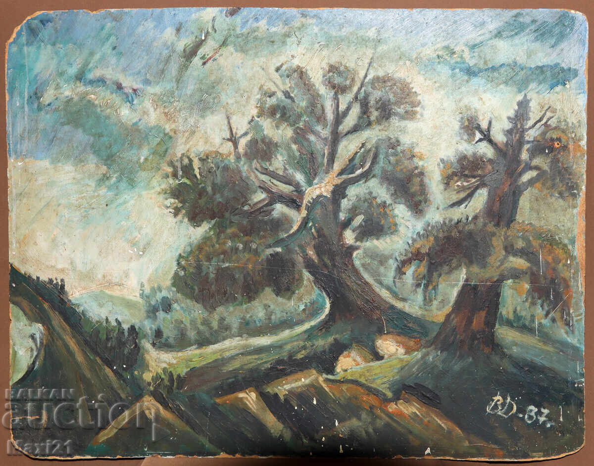 Έργο ζωγραφικής με λάδι, δασικό τοπίο, 1987 με τιμή 300.00 BGN | € 153.39