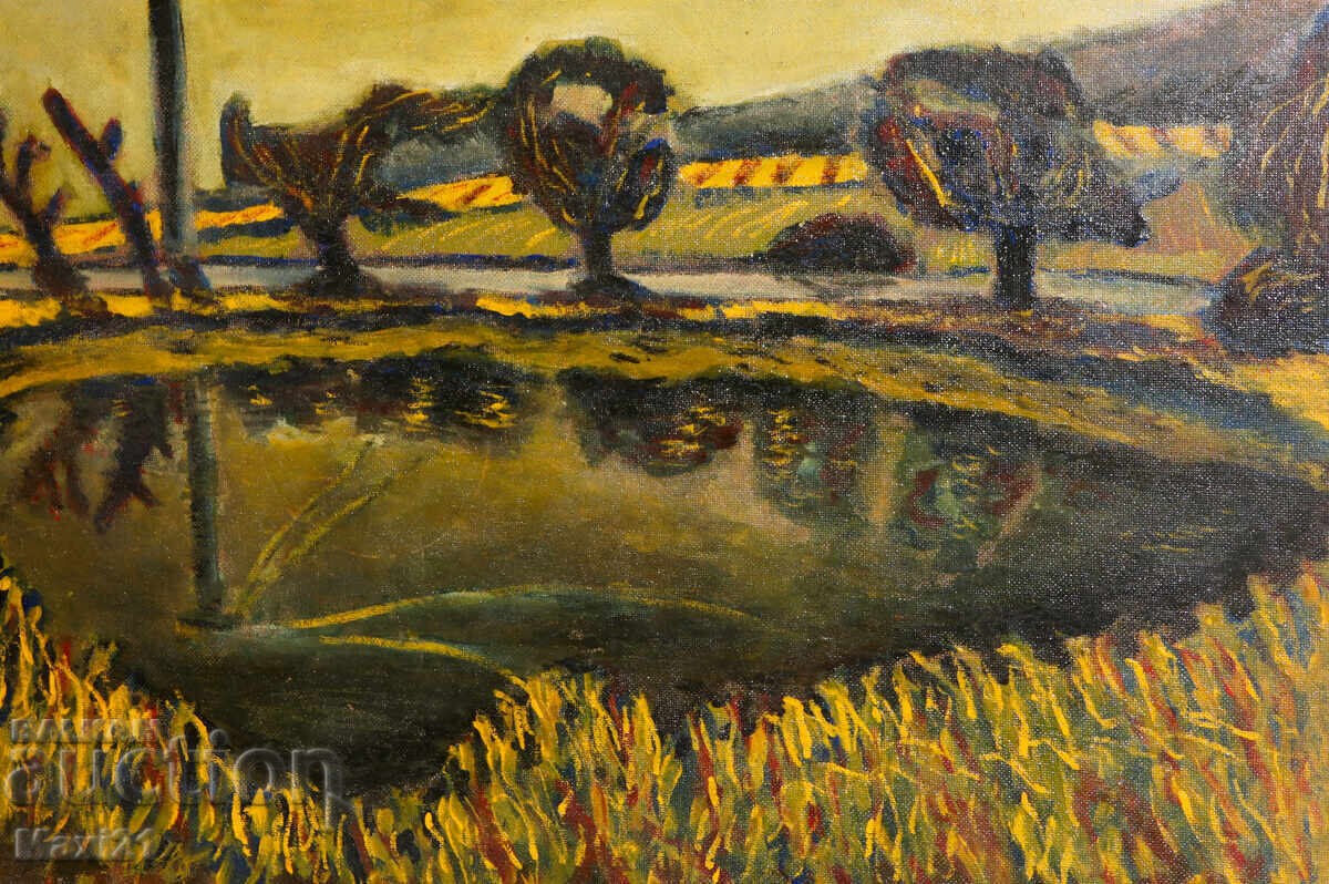 Аукцион Картина маслени бои пейзаж езеро подписана 1976г.