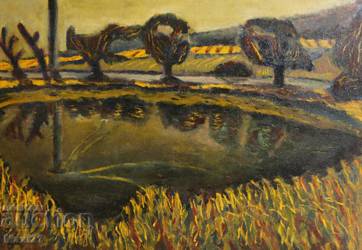 Картина маслени бои пейзаж езеро подписана 1976г.
